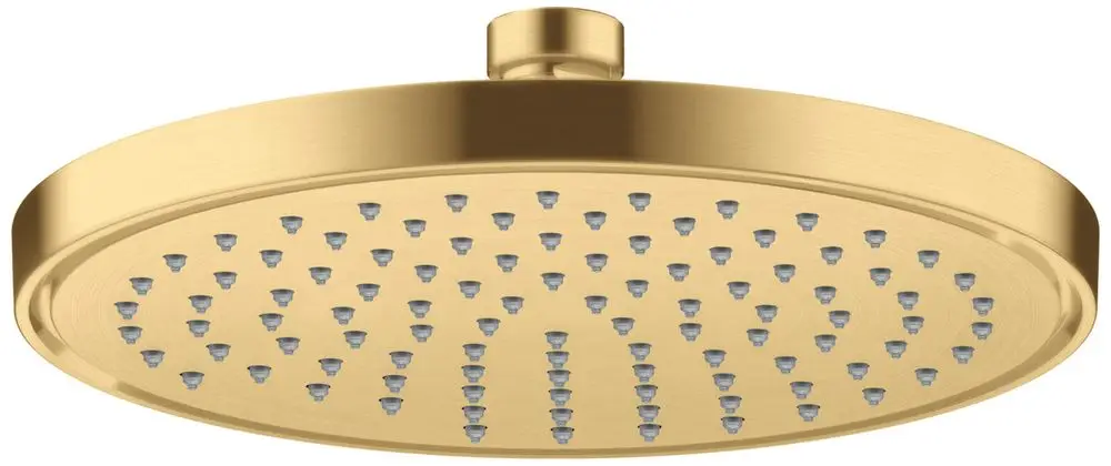 Runde Kopfbrause in Brushed Gold Optik mit mehreren Wasserstrahldüsen. Hersteller ist AXOR. Die Montage erfolgt an der Decke.
